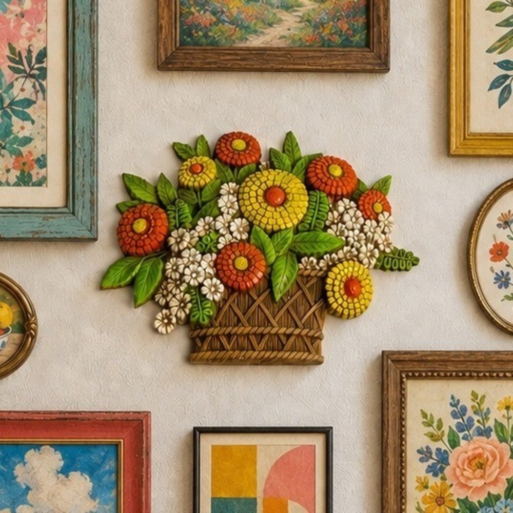 Vintage 1975 Syroco Flower Basket Wall Plaque 7384 Made in USA Retro Decor